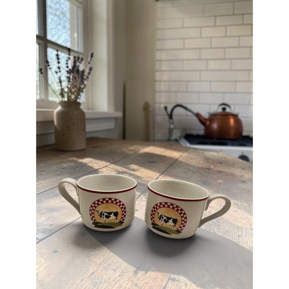 Vintage Farmhouse Cow Coffee Mugs Set/2 Red Checkered Dairy Farmhouse Stoneware
